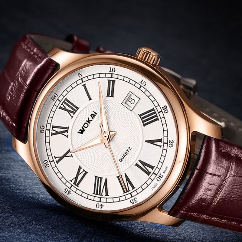 wokai新款复古皮带石英皮带男士批发商务休闲罗马数字表防水表