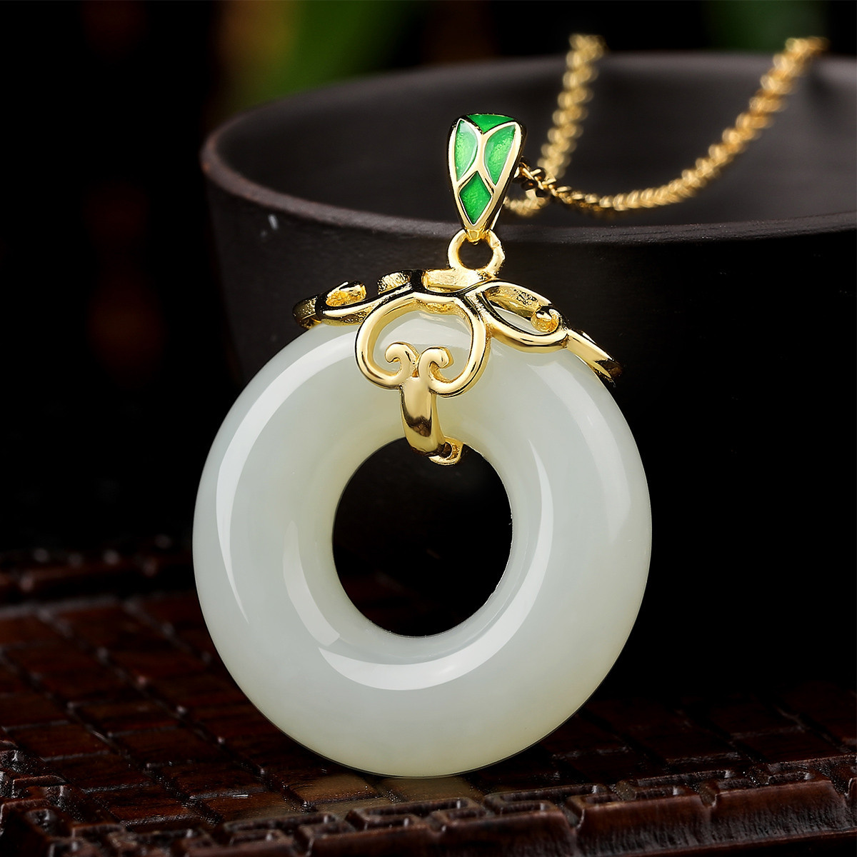 s925银古法银项链银镶玉和田玉如意玉环小吊坠锁骨链挂件转运礼物