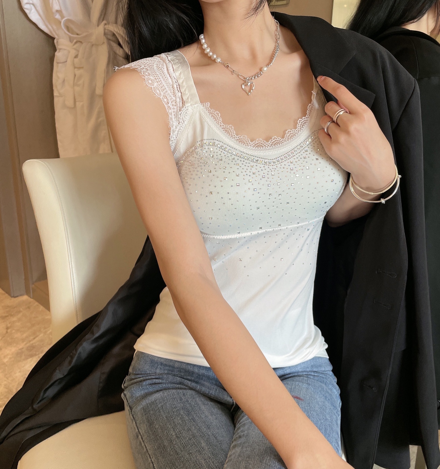 万丽姿直播同款烫钻蕾丝肩带长背心外穿女士吊带防走光内衣裹胸