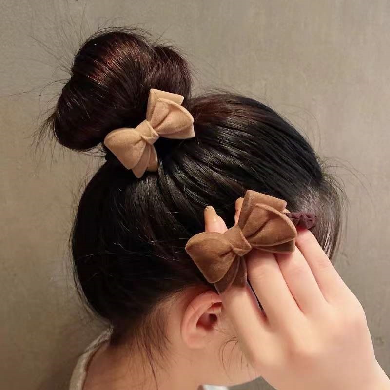 Korean Autumn and Winter Coffee Color Bow Headdress Plush Hair Band Hair Rope Winter Rubber Band Female Hair Tie Online Celebrity Ins Hair Rope