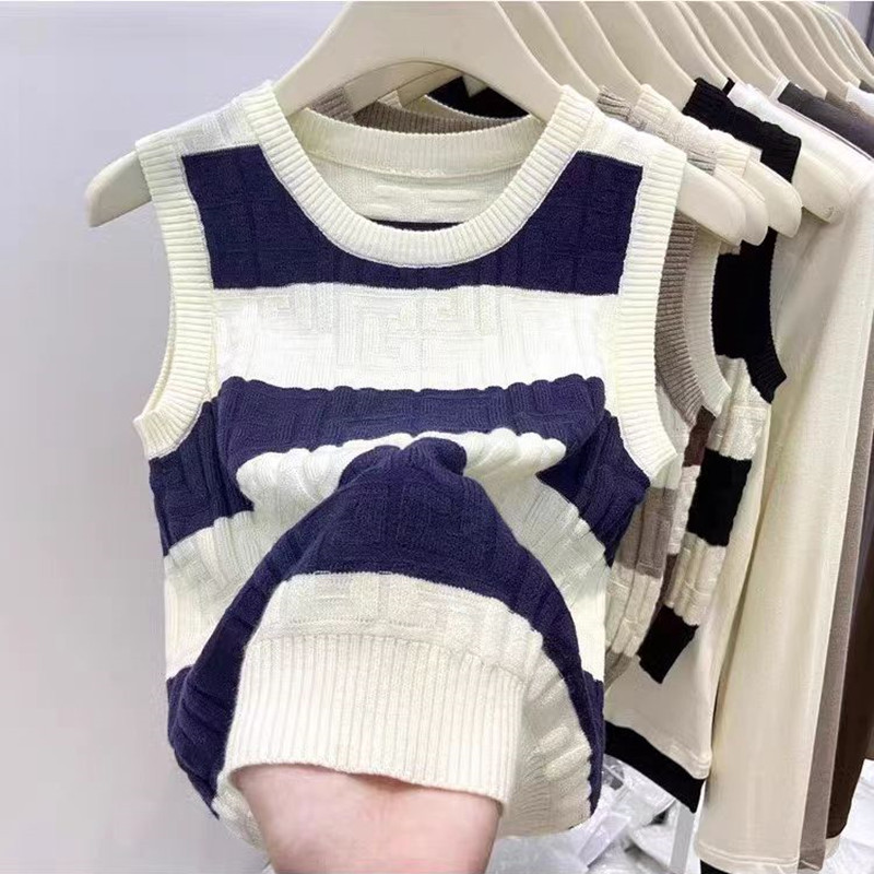 Contrast Color Striped Sunken Stripe Sleeveless Knitted Vest Women's Autumn and Winter 2024 New Suit Inner Wear Waistcoat Outerwear Fashionable Top