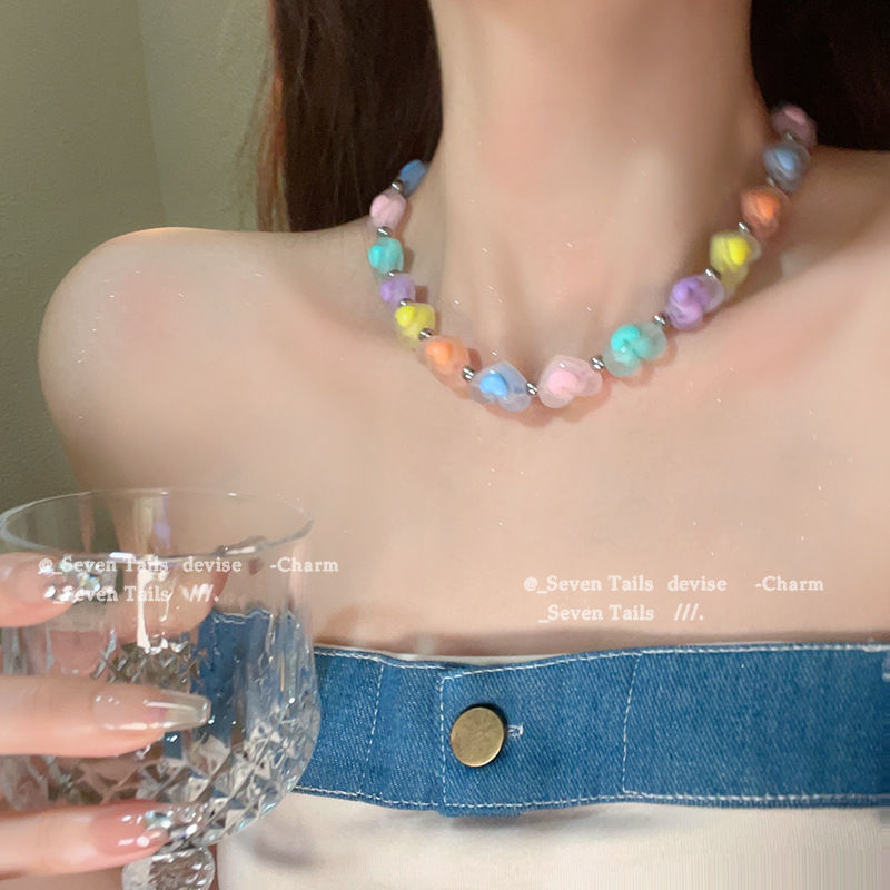 Sweet Cool Girl ~ Colorful Beaded Love Necklace Female Ins Trendy Special-Interest Design Light Luxury High-Grade All-Match Clavicle Chain