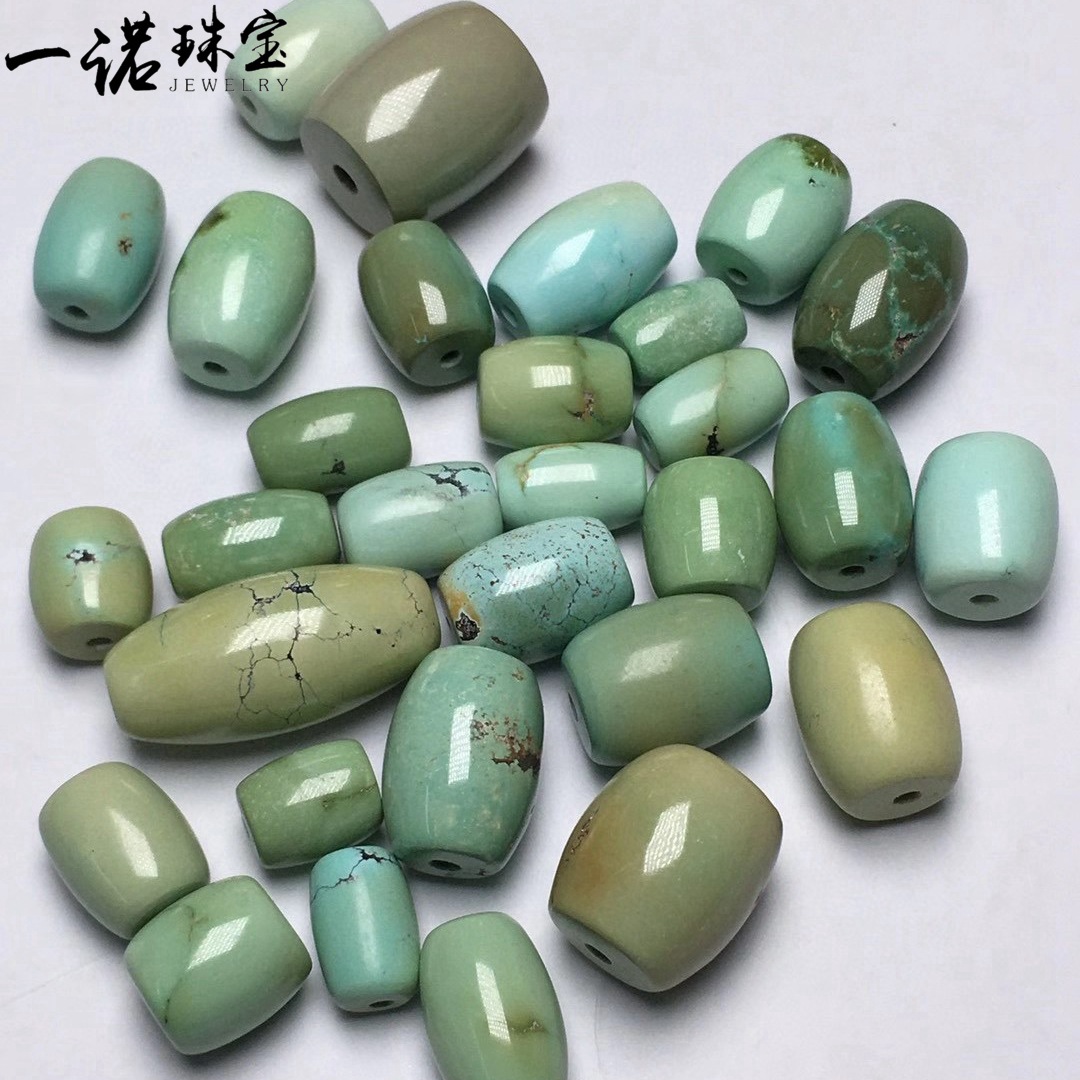 天然湖北原矿绿松石桶珠配饰diy文玩配件 膏瓷度 干净无杂裂
