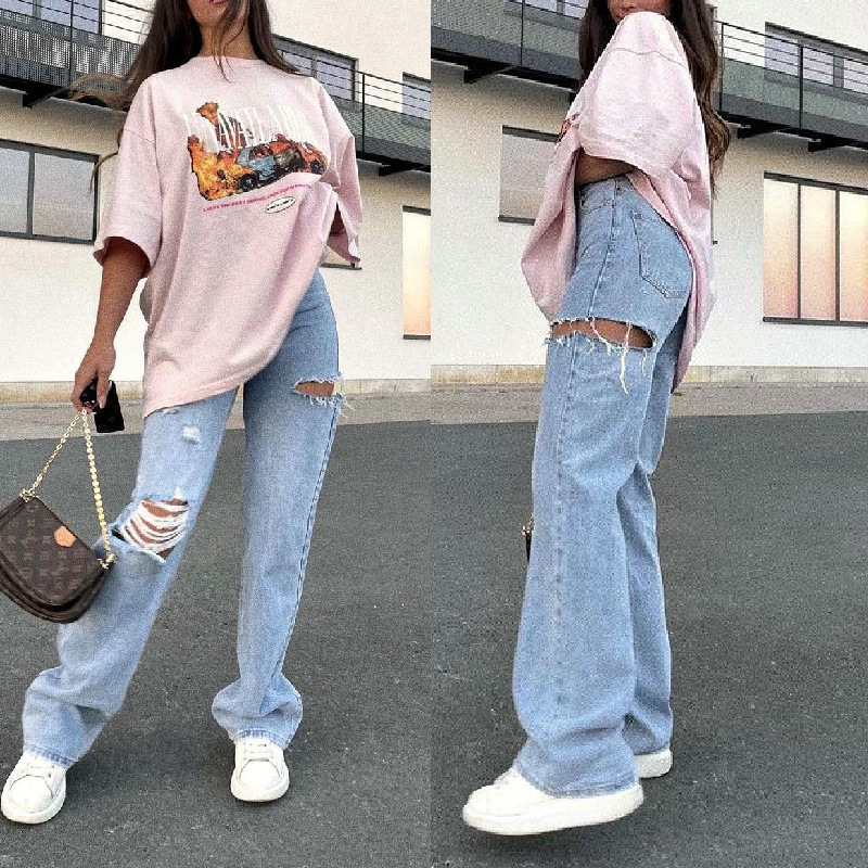   Manufacturer Denim Cross-Border Foreign Trade Women's Pants New Autumn Fashion Holes Washed Straight-eg Trousers Jeans Women