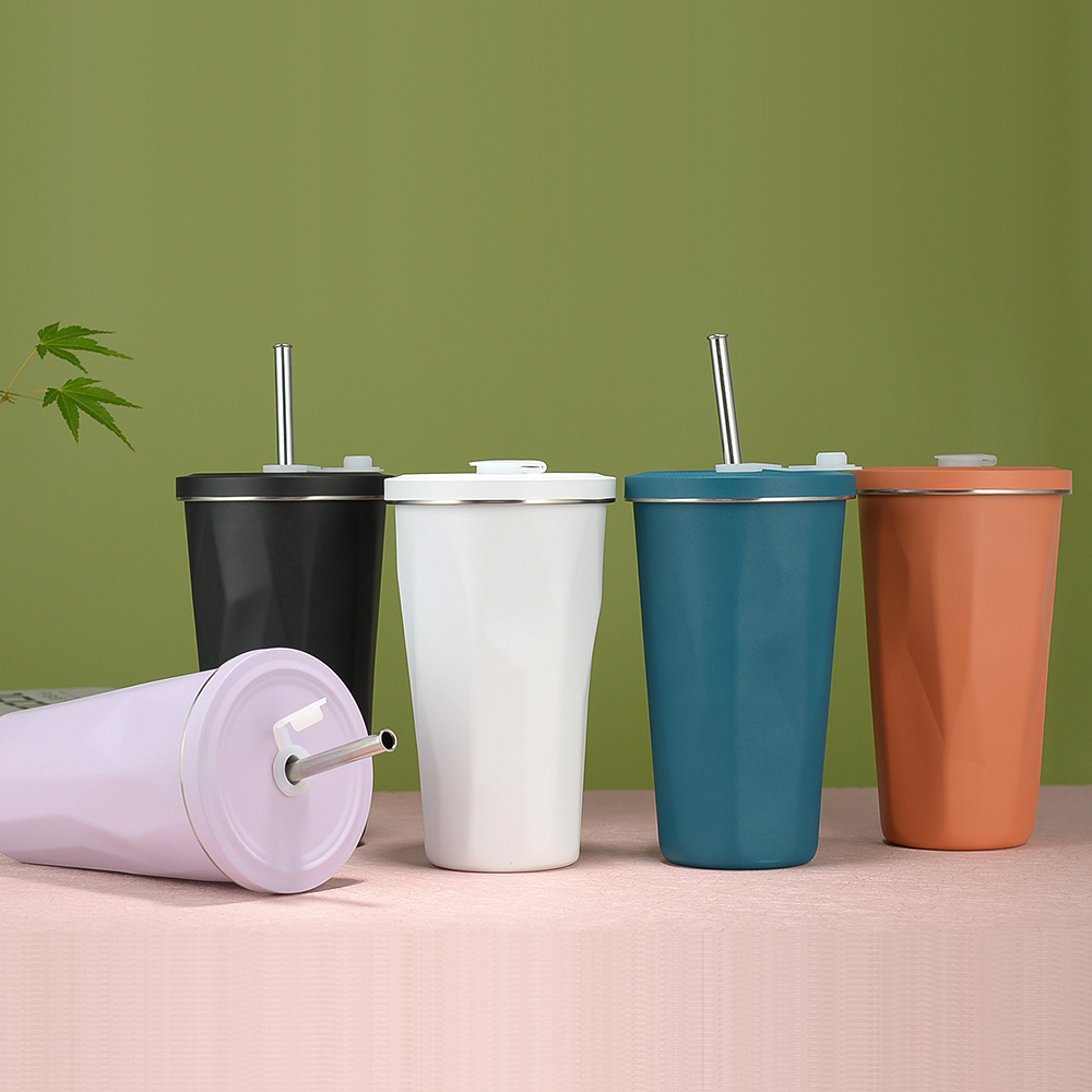 New Fashion Coffee Cup Creative Diamond Car Cup with Straw Solid Color 304 Stainless Steel Straw Vacuum Cup