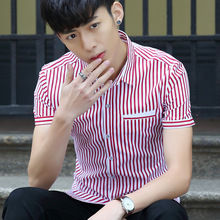 同款夏季新款男装流行短袖衬衫青年休闲时尚潮寸衫修身款韩版条纹