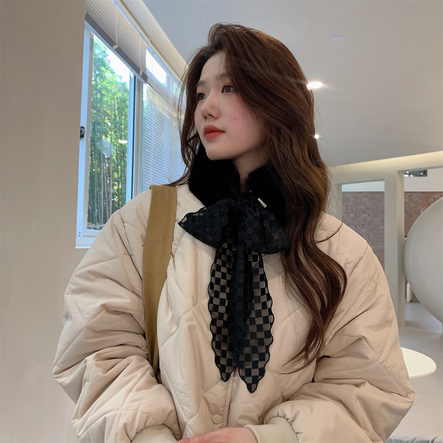 2022 Autumn and Winter New Outerwear Furry Scarf Korean Mesh Chessboard Plaid Detachable Collar Women's Short Autumn and Winter Warm Scarf