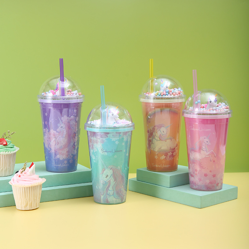 Factory Direct Sales Creative Cartoon Unicorn Cup with Straw Good-looking Double Layer Plastic Ice Cup Gift Cup Wholesale