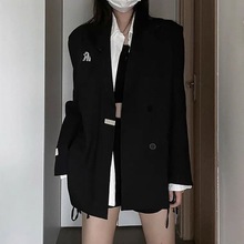 高级设计感黑色西装外套女2023春新款小众廓形中长款ins西服