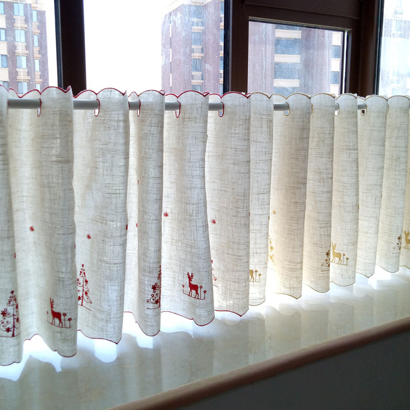 免厨房半截窗帘短窗帘半帘短帘美式打孔小窗帘飘窗阳台遮光棉麻家