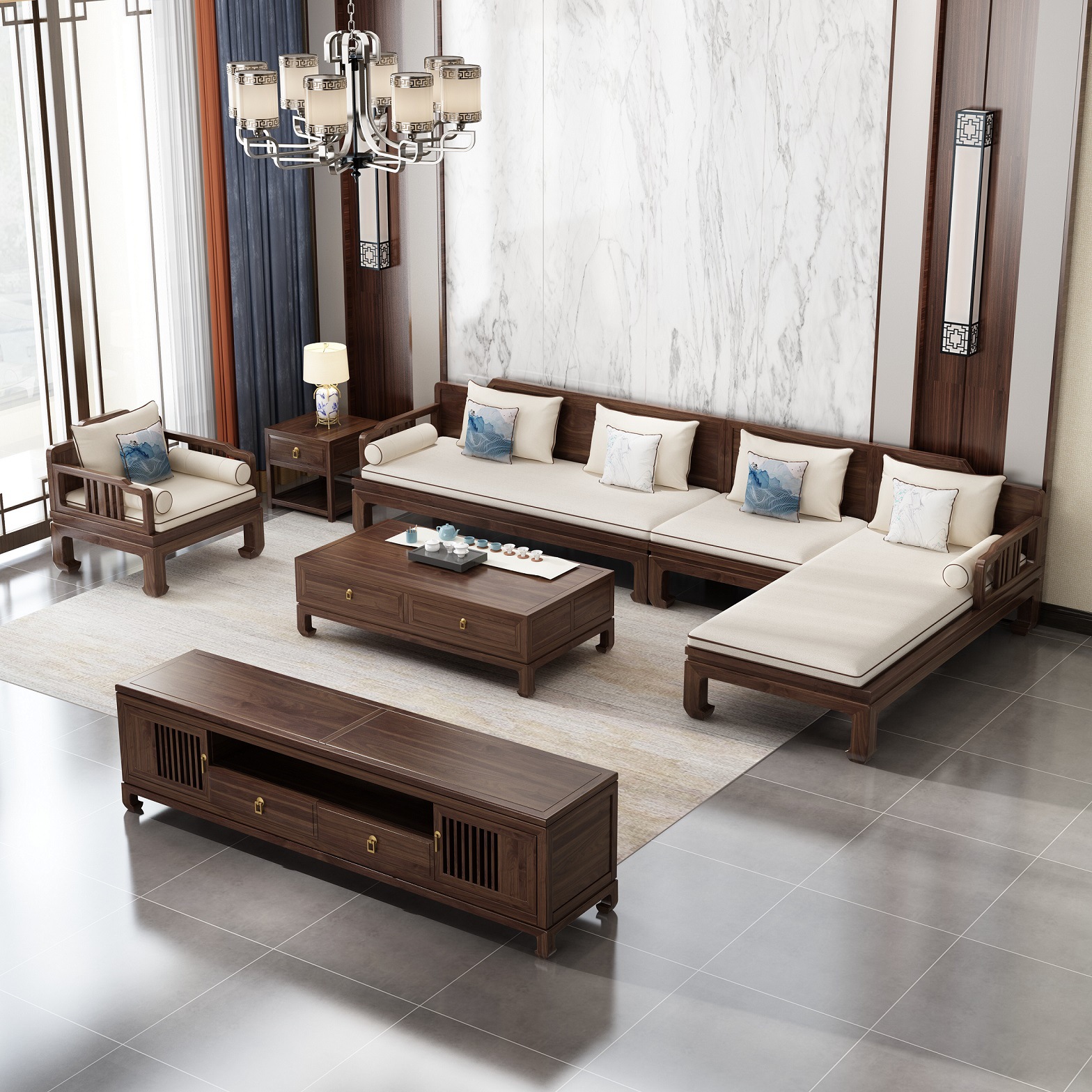 新中式实木沙发转角贵妃榻组合客厅现代简约明式别墅高端全屋家具