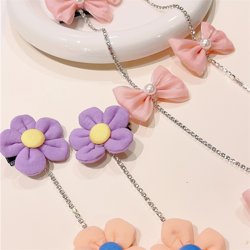 彩色花朵蝴蝶结编发链珍珠蝴蝶发链儿童女童韩国宝宝发夹夏天发饰