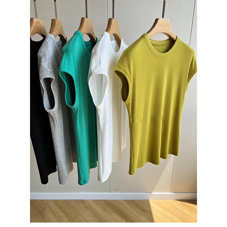 衣录预售清凉夏日~超弹 细腻坑条简约连肩袖合身短袖t恤女衣服