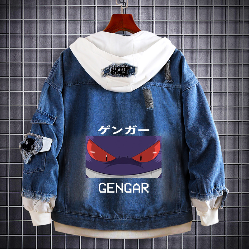 宠物精灵耿鬼动漫牛仔卫衣pokemon周边男女连帽假两件牛仔外套