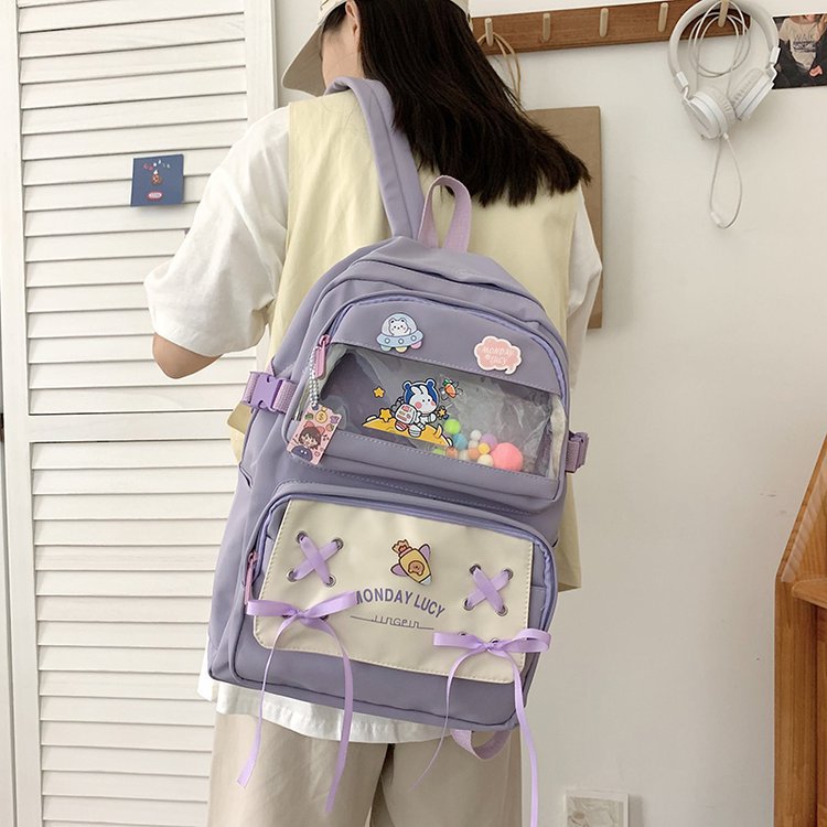 Japanese Campus College Style Fresh Creative Cute Bow Drawstring Transparent Soft Girl Student Backpack Schoolbag