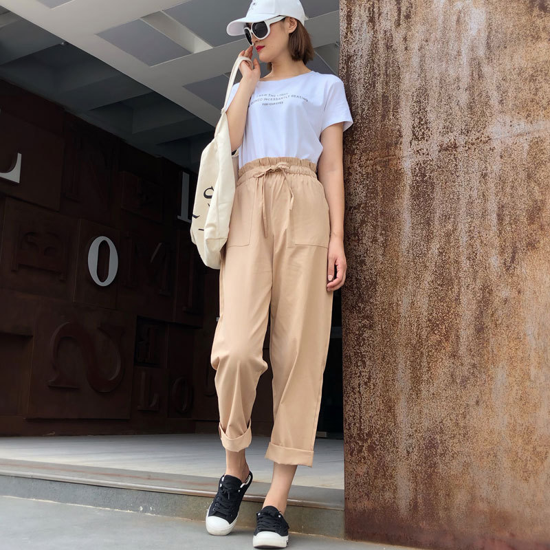 Cross-Border Casual Pants for Students New Korean Style Harem Pants Lace-up Loose BF Style High Waist Macaron Wide-Leg Pants