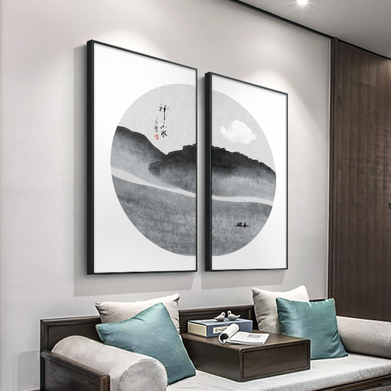 茶室禅意水墨装饰画新中式客厅背景墙山水风景壁画中国风书房挂画