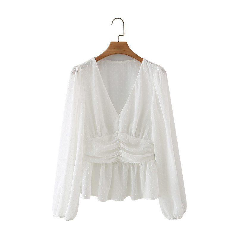 2021春季跨境女装薄纱长袖v领白衬衫