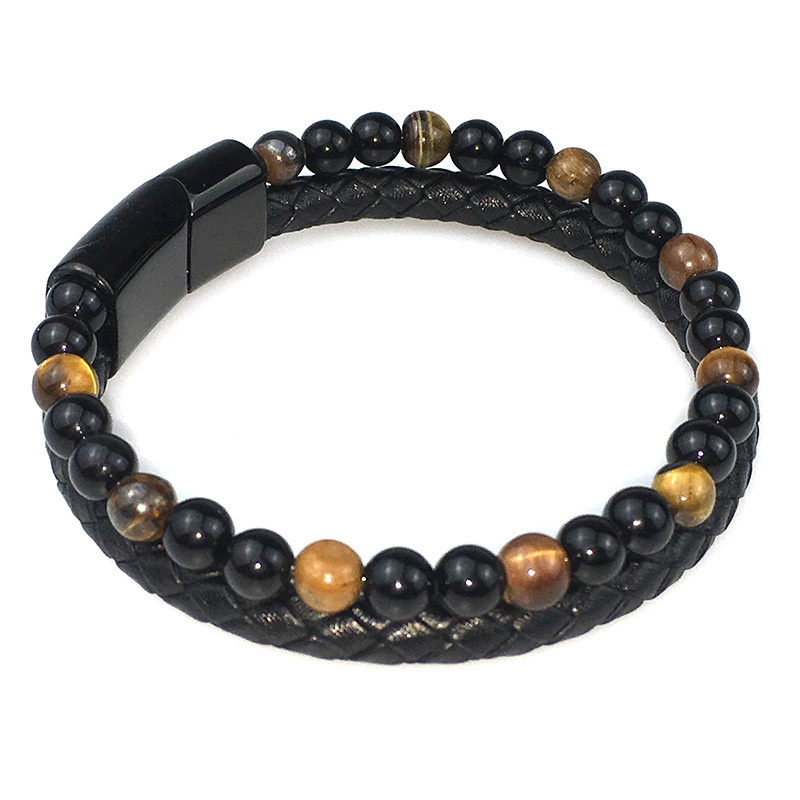 Exclusive for Cross-Border Volcanic Natural Stone Tiger Eye Beaded Bracelet Men's Cowhide String Agate Bracelets European and American Hand Jewelry