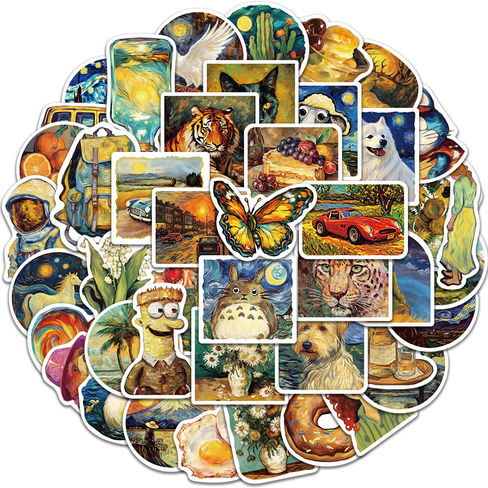 50张卡通复古油画涂鸦贴纸吉他笔记本电脑行李箱电动车头盔贴画跨