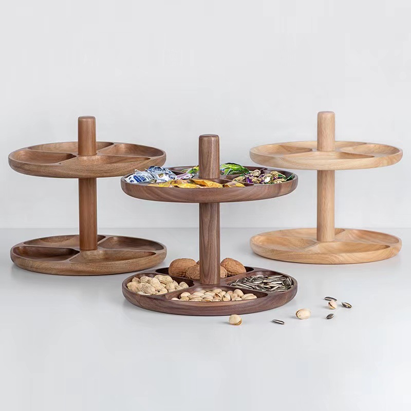 Fruit Plate Creative Modern Living Room Home Wooden Double-Layer Rotating Compartment Candy Snack Nut Plate Internet Celebrity Fruit Plate