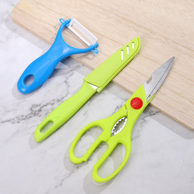 Knife Three-Piece Scissors Fruit Knife Ceramic Planer Household Kitchen Gadget Set Scissors Fruit Knife