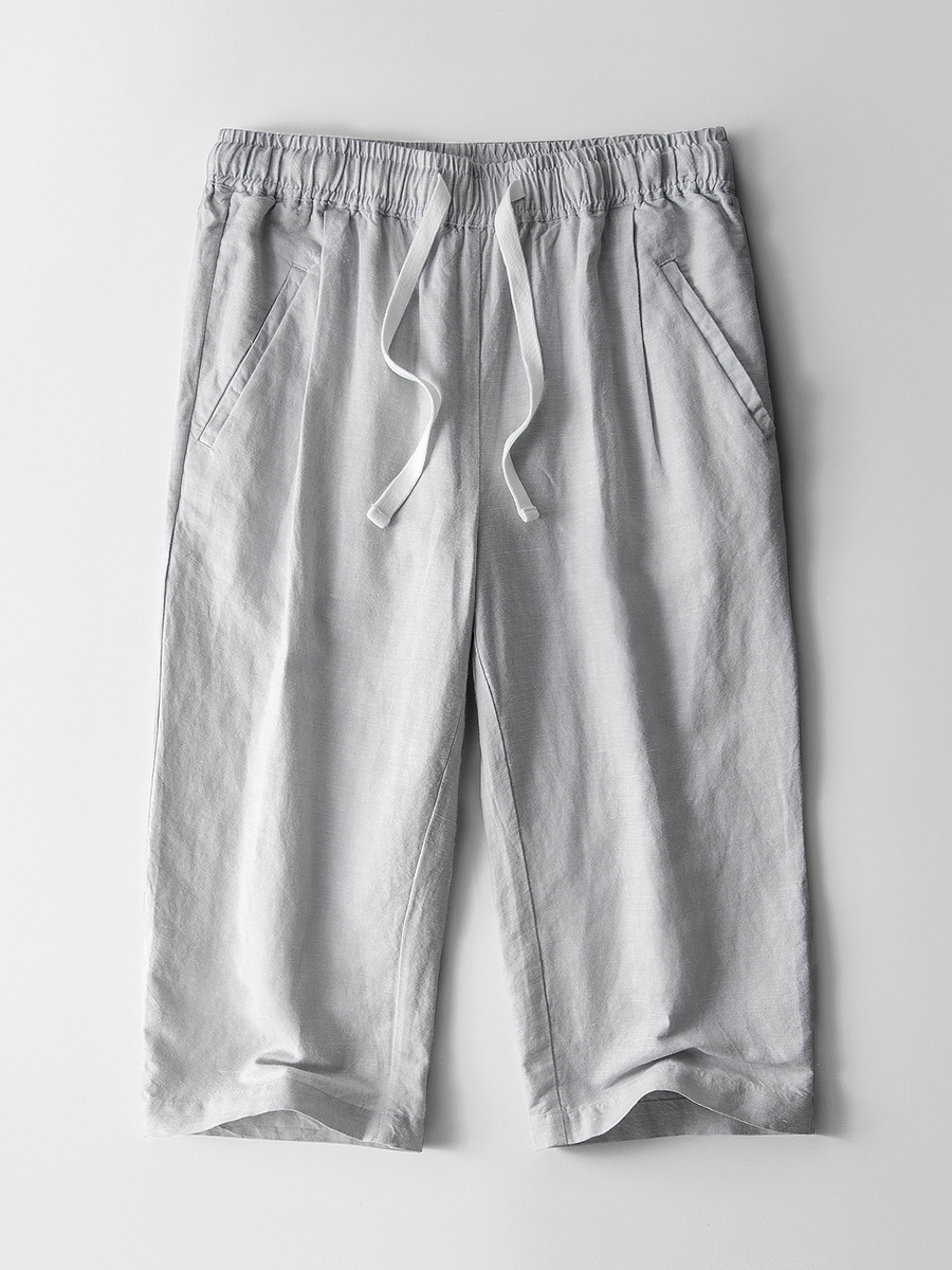 夏季新款亚麻男裤宽松休闲松紧腰裤子麻棉七分裤简约中裤复古短裤