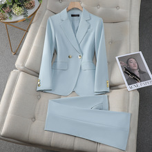 浅蓝色职业套装女春秋2024新款高级感双排扣正装西服工作服两件套