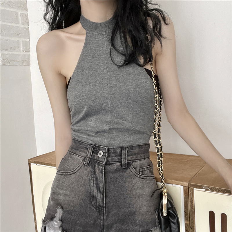 吊带女夏季灰色挂脖系带露背针织毛衣背心外穿百搭薄款无袖上衣潮