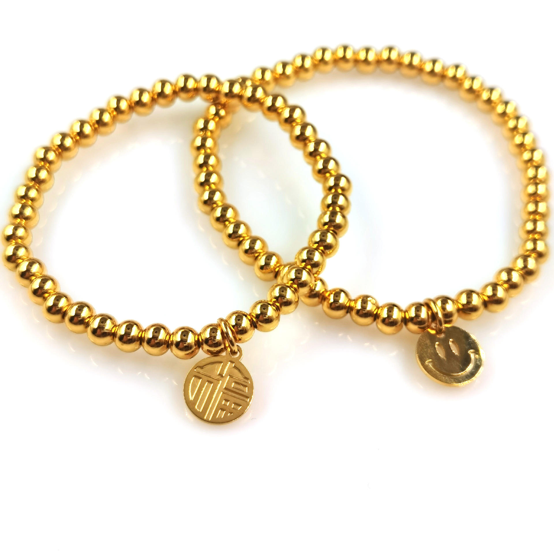 不锈钢金豆豆转运珠手链女钛钢福牌金珠手串 本命年18k金圆珠手镯