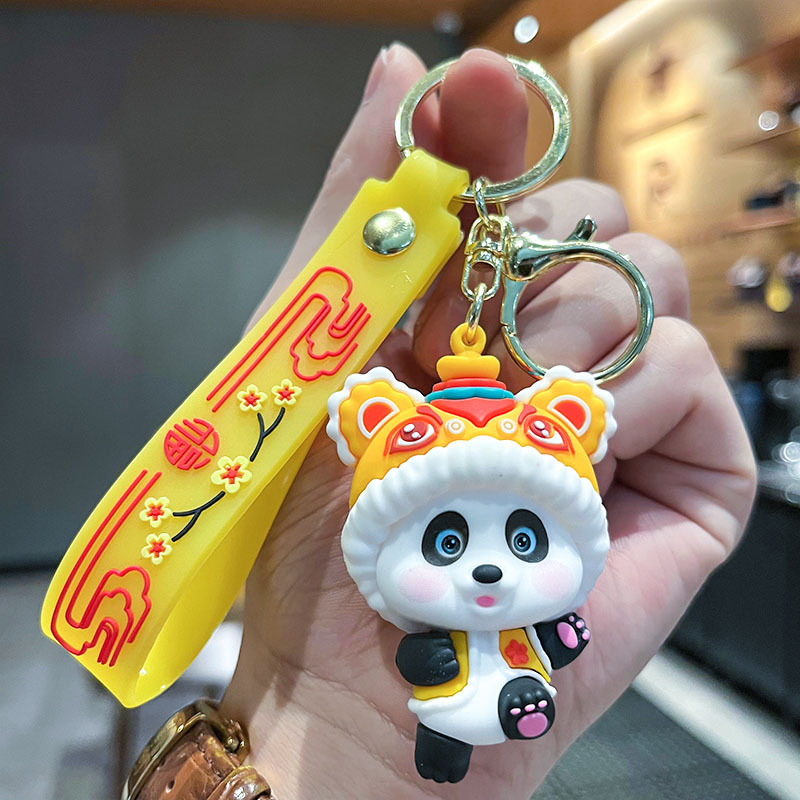 Cute National Fashion Chinese Style Folk Panda Three-Dimensional Doll Car Keychain Pendant Ornaments Night Market Gift Wholesale