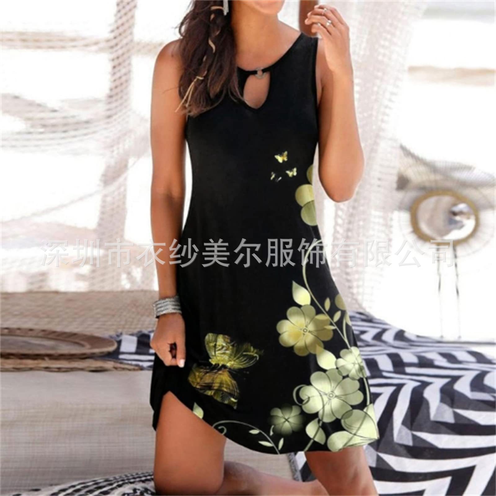 2022 Women Casual Summer Print Vest Sleeveless Dress Hollow out V-neck Loose Beach Short Tank Dress Women Clothes