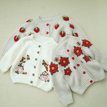 现货俄罗斯女童毛衣外套秋冬季洋气日系手绣花朵草莓羊毛针织开衫