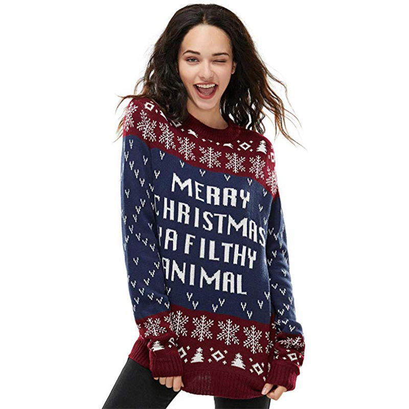 Foreign Trade European and American Christmas Sweater Women's Loose Letter Jacquard Pullover Foreign Trade Cross-Border Pullover Couple Sweater Processing