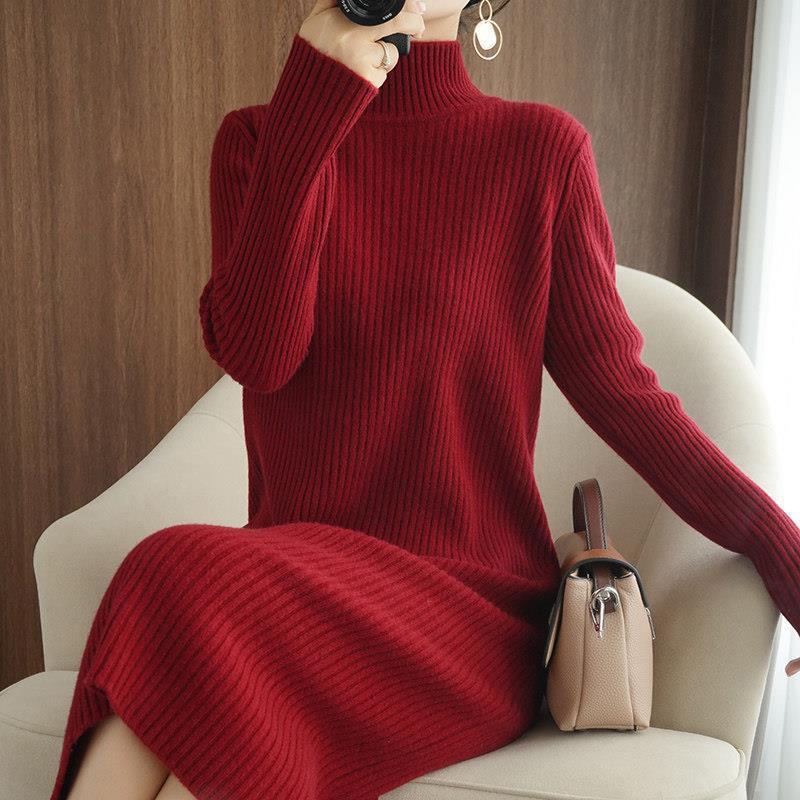 2023 Autumn and Winter Half-High Collar Overknee Long Idle Style All-Match Sweater Women's Fashion Loose Base Knitting Dress