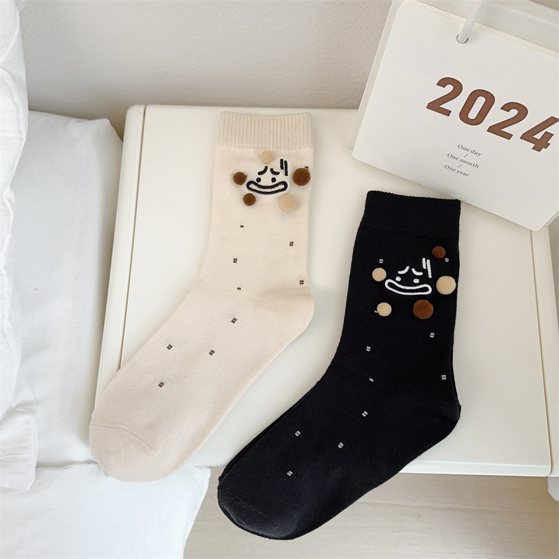 Women's Funny Embroidered Fur Ball Socks Women's Mid Tube Stockings Ins Trendy Korean Cartoon Cute Black and White Women's Socks Designer Model