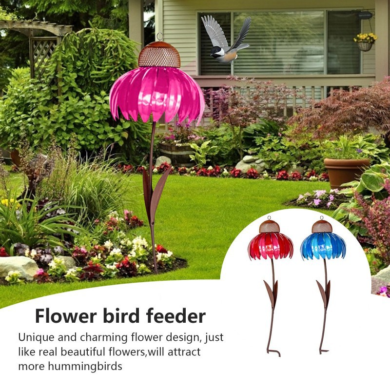 Flower Type Bird Feeder Desert Steel Blueberry Cone Flower Standing Bird Feeder Outdoor Garden Art Metal Bird Feeder