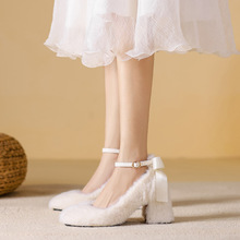 白色兔毛毛鞋秋冬外穿粗跟加绒蝴蝶结高跟鞋2022新款仙女温柔单鞋