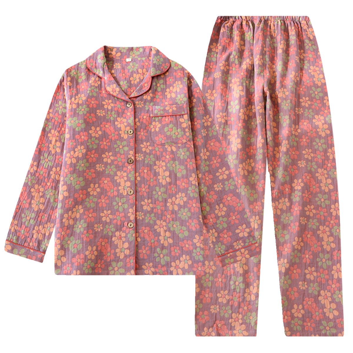 色织纯棉睡衣女春秋双层纱布长袖开衫家居服套装复古妈妈装大码