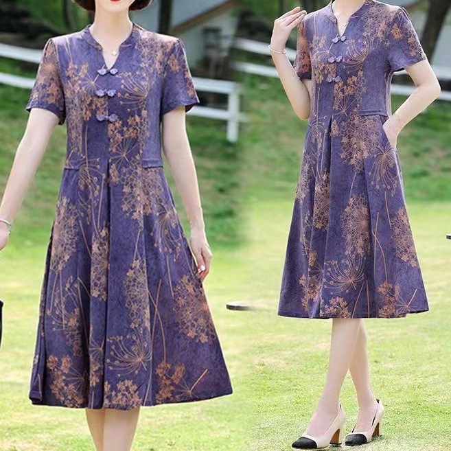 w繧2母亲节妈妈连衣裙冰丝中国风夏装新款中老年人女裙子中长款50
