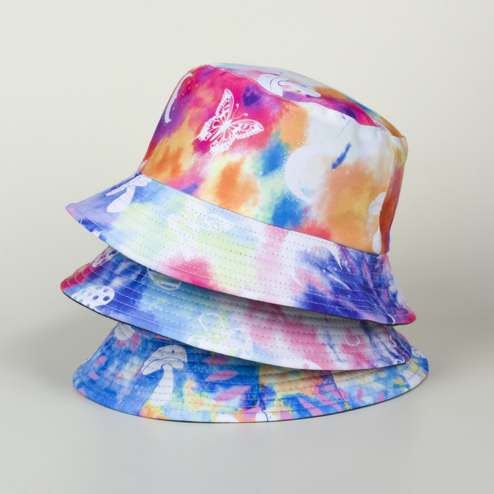 彩色扎染渔夫帽蘑菇蝴蝶双面盆帽街头时尚防晒帽出游遮阳帽子跨境