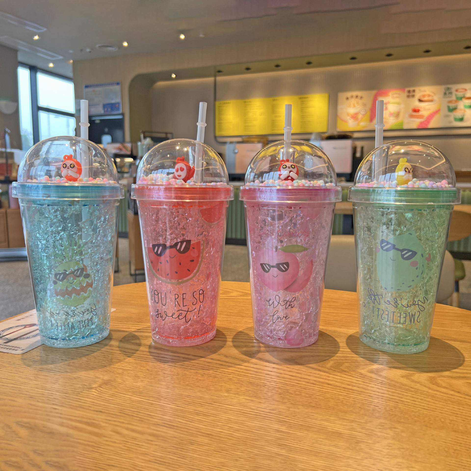 Cross-Border New Arrival Fruit Plastic Water Cup Wholesale Double Cartoon Plastic Sippy Cup Summer Crushed Ice Cup Micro Landscape Cup