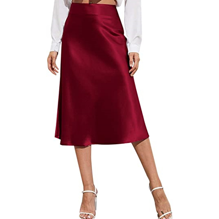 2022 Amazon Cross-Border Skirt Women's Midi Skirt High Waist Pure Color Satin Dress Zipper Elegant Summer