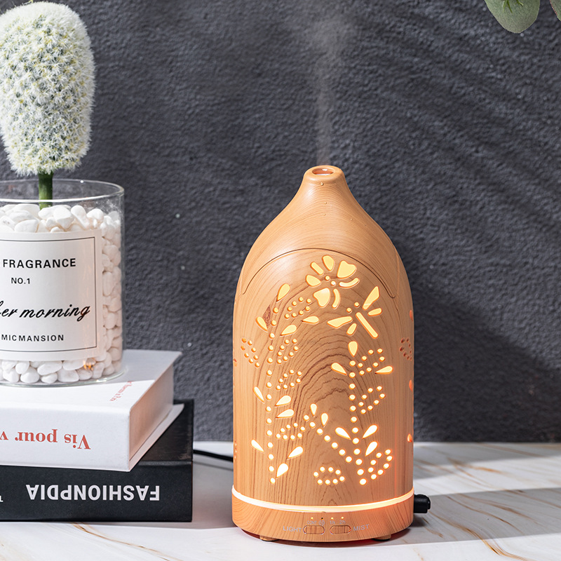 2022 Wood Grain Aroma Diffuser Large Capacity Essential Oil Aromatic Humidifier Colorful Hollow Air Purifier