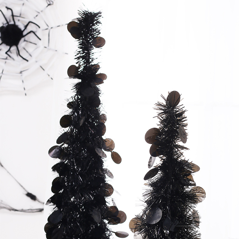 Cross-Border New Halloween Decorations Black Wafer Retractable Folding Wool Tops Tree Halloween Ornaments