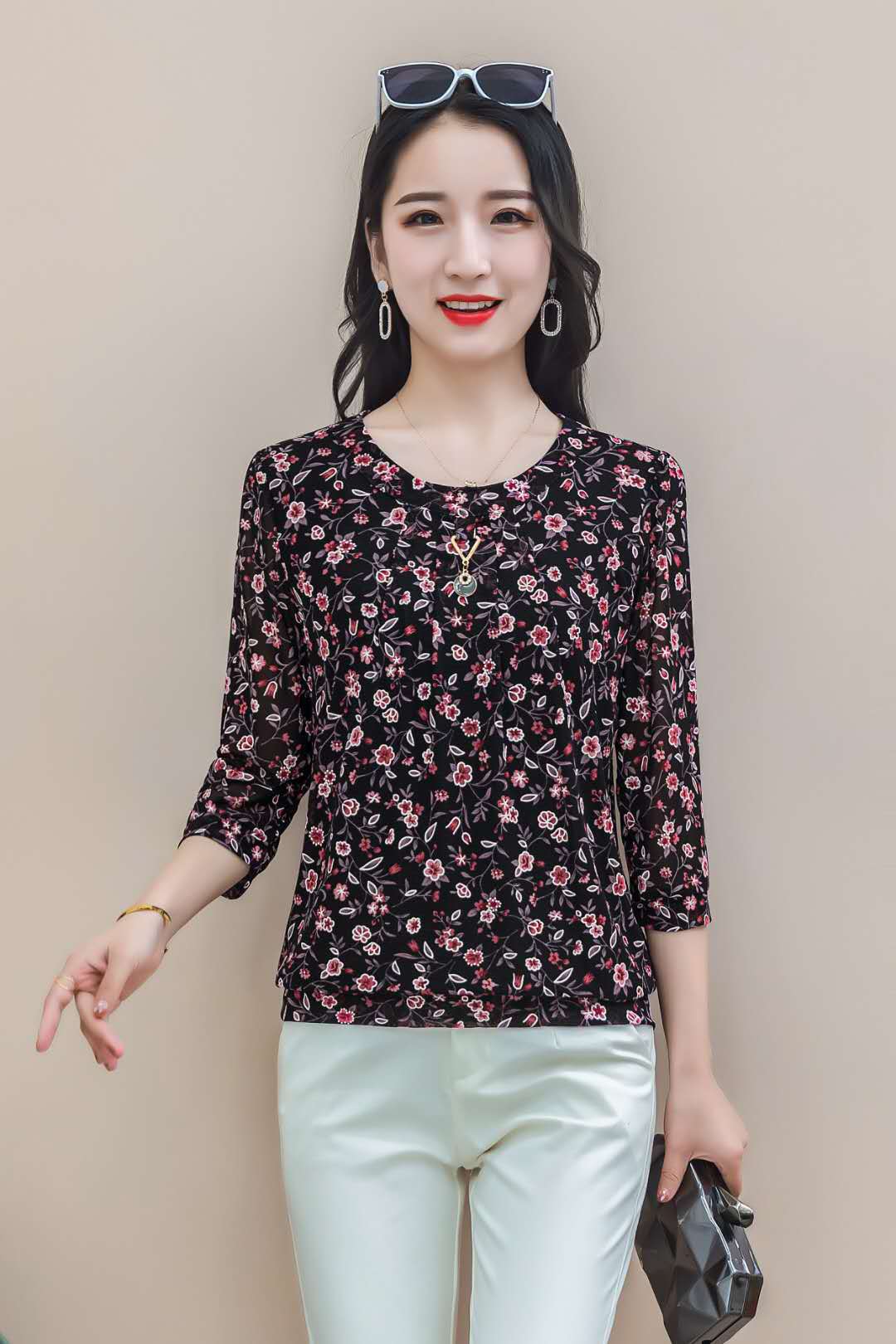 圆领中长袖夏季新品妈妈百搭碎花小衫40-60中年女士宽松版上衣潮
