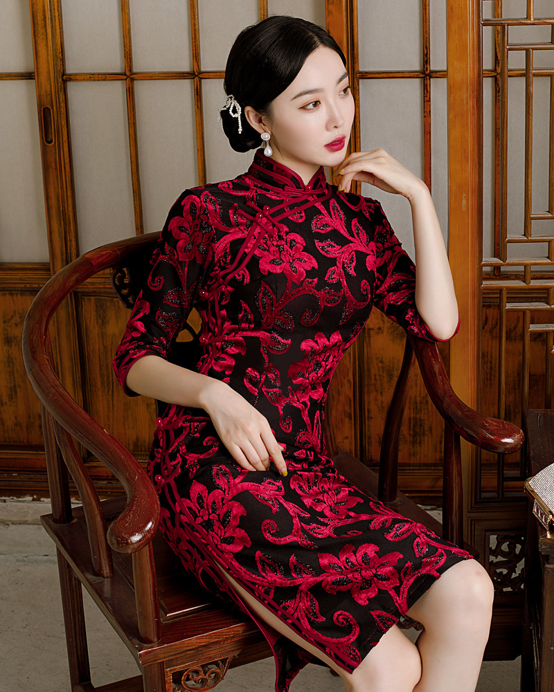 雪尼尔双层旗袍2021秋冬新款中长款红色婚宴礼服妈妈装日常旗袍裙