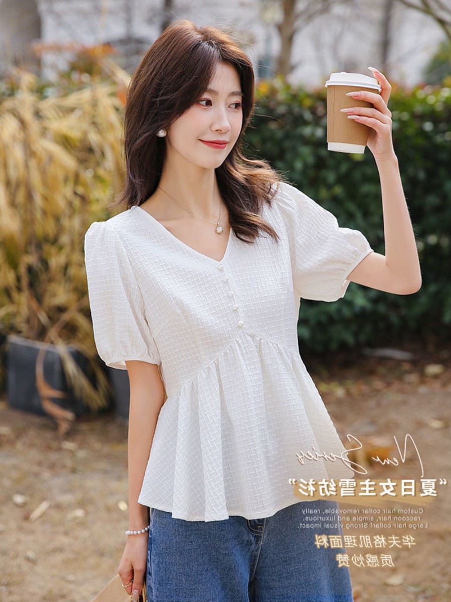 White Chiffon Shirt 2023 New Fairy Small Shirt Waist Tight Tummy Hiding Short Sleeve Summer Temperament V-neck Top for Women