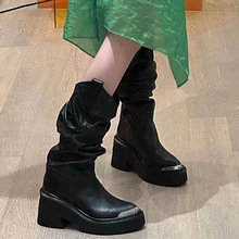 lisa同款黑色西部牛仔靴2023秋季尖头高筒堆堆靴设计感小众长筒靴