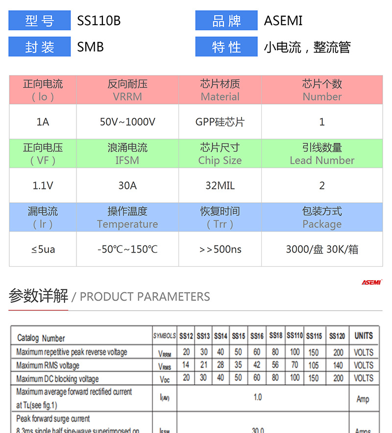 【smb】ss110b/115b/120b/18b/16b asemi肖特基二极管 ss110b